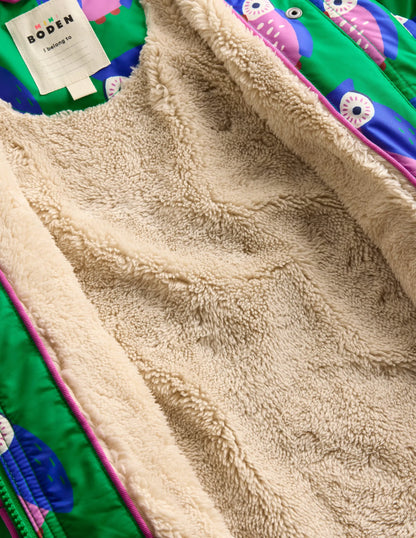 Sherpa Lined Anorak-Rich Emerald Geo Owls