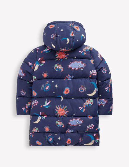 Longline Padded Coat-College Navy Spaced Paisley