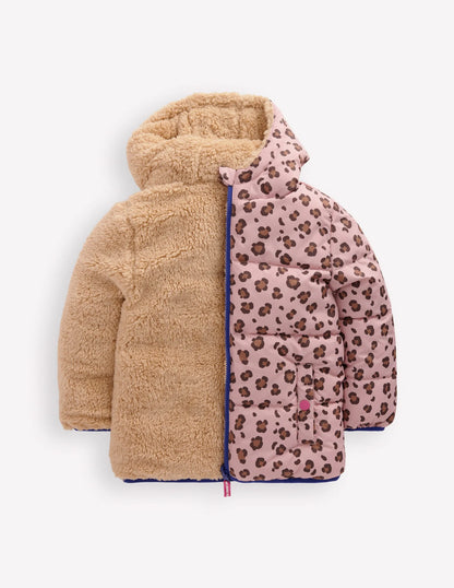 Reversible Padded Borg Coat-Pink Leopard