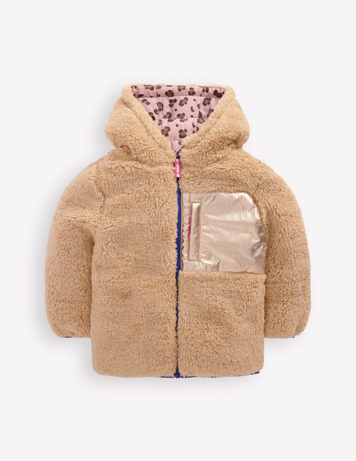 Reversible Padded Borg Coat-Pink Leopard