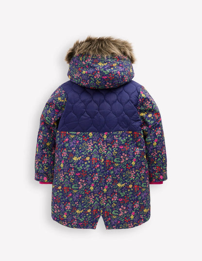 Joni Quilted Parka Coat-Blue Flower Meadow