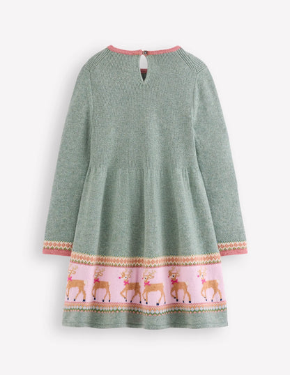 Fair Isle Knitted Dress-Eucalyptus Reindeer Fair Isle
