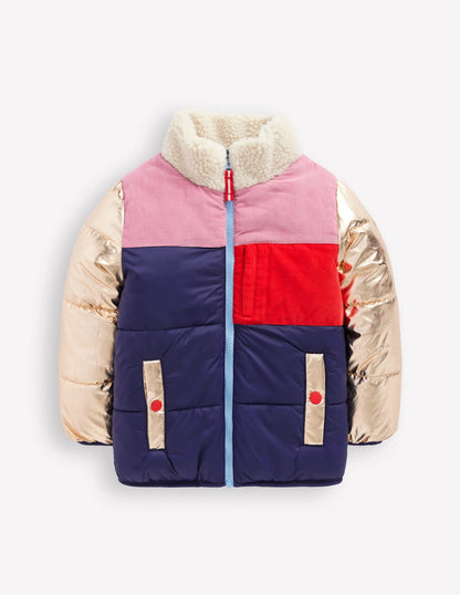 Cosy Puffer Jacket-Metallic Colourblock