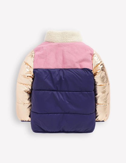 Cosy Puffer Jacket-Metallic Colourblock