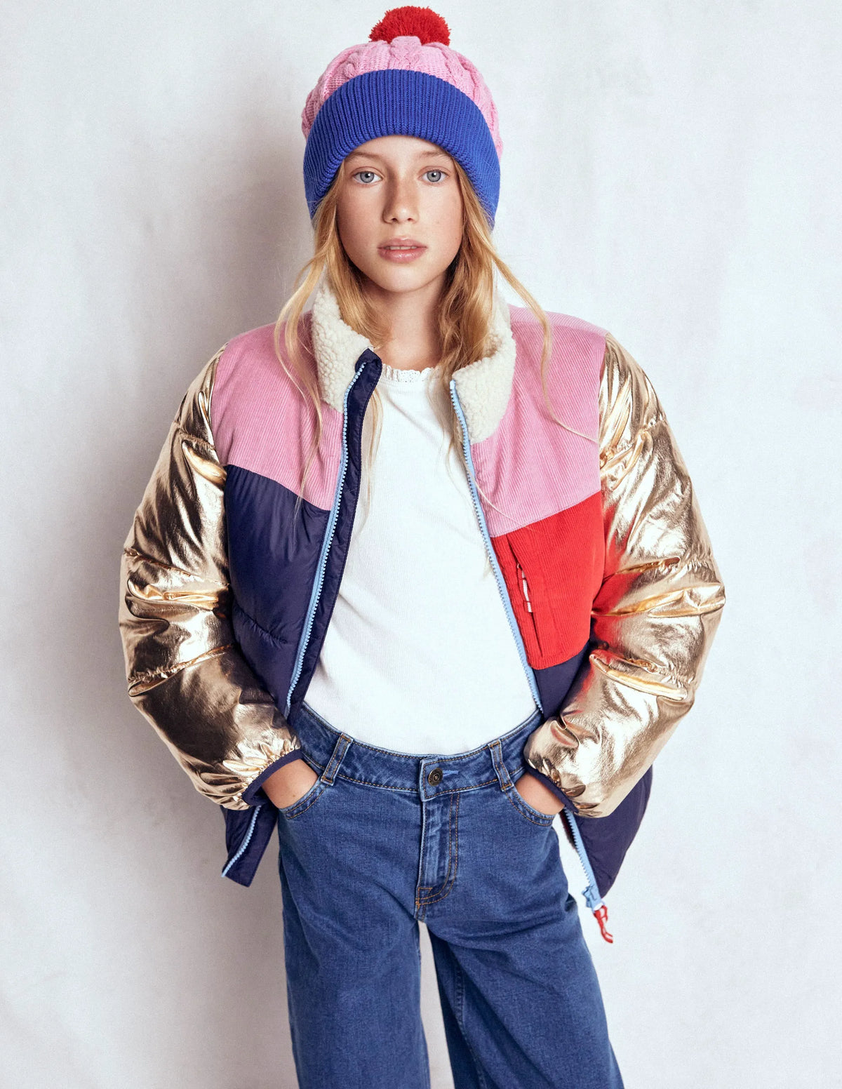 Cosy Puffer Jacket-Metallic Colourblock