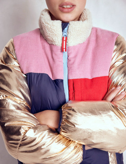Cosy Puffer Jacket-Metallic Colourblock