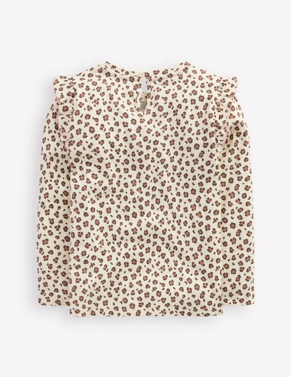 Frill Sleeve Slub Top-Vanilla White Leopard