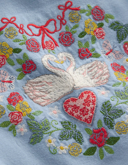 Frill Sleeve Appliqué T-shirt-Blue Lovebirds