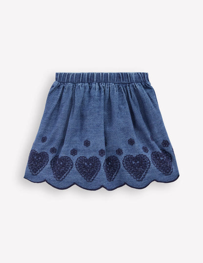Embroidered Pull-on Skirt-Chambray