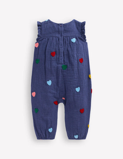 Ruffle Sleeve Romper-Navy Hearts