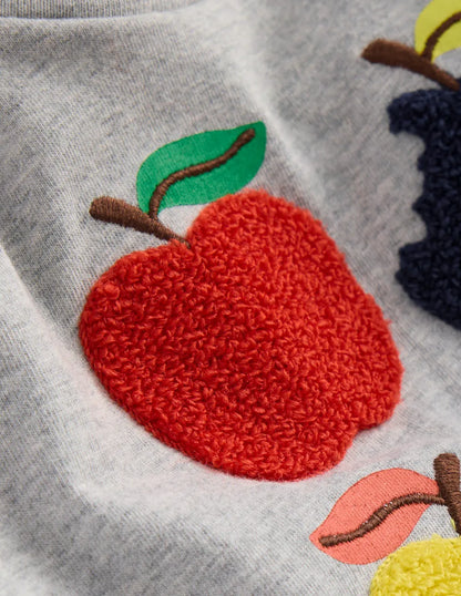 Long Sleeve Appliqué T-Shirt-Grey Marl Apples