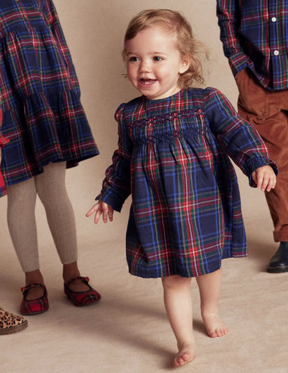 Smocked Occasion Dress-Navy Check