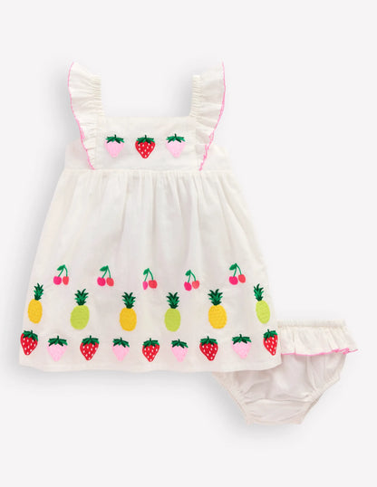 Appliqué Ruffle Dress-Soft Ivory Fruit