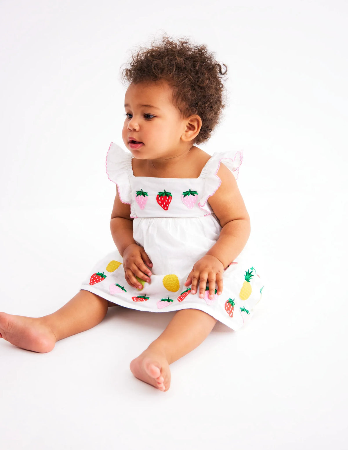 Appliqué Ruffle Dress-Soft Ivory Fruit