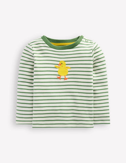 Long Sleeve Appliqué T-shirt-Ivory and Newt Green Stripe