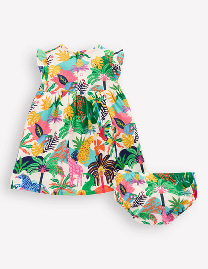 Jersey Frill Sleeve Dress-Coconut Milk Multi Jungle
