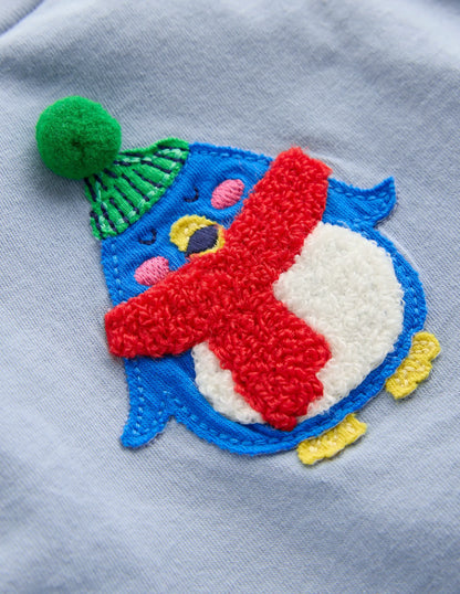 Long Sleeve Appliqué T-Shirt-Light Blue Penguin