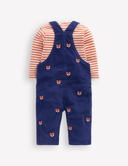 Novelty Cord Overalls Set-Navy Fox Embroidery
