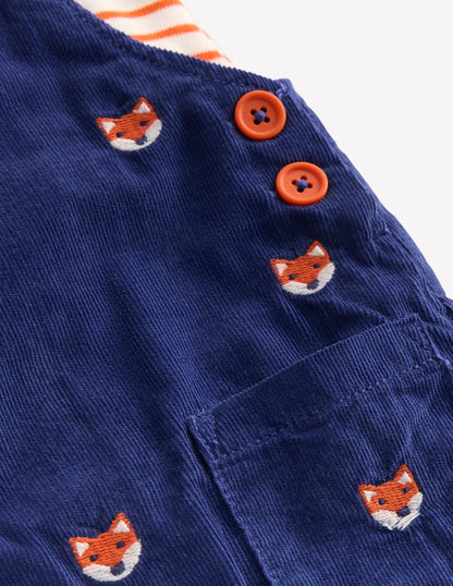 Novelty Cord Overalls Set-Navy Fox Embroidery