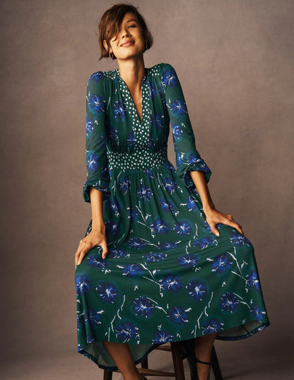 Lily Long Sleeve Midi Dress-Emerald, Delicate Carnation