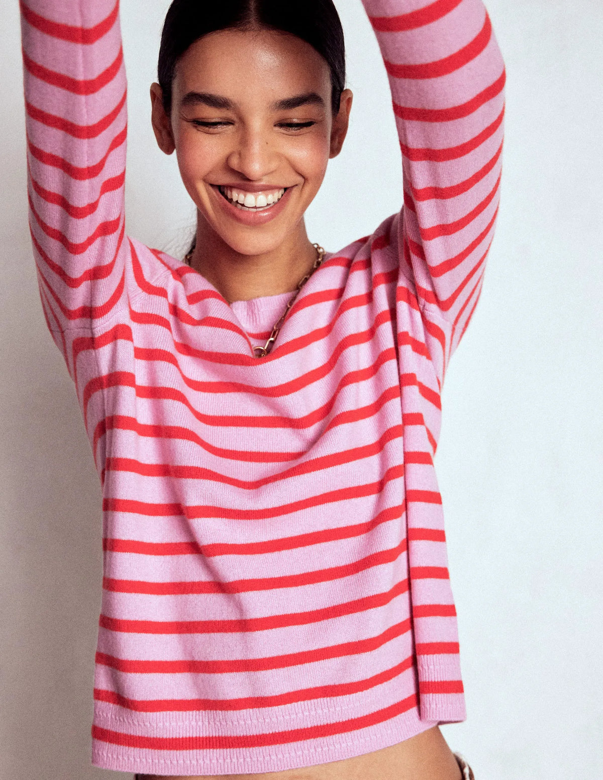 Eva Cashmere Crew Neck Sweater-Pink/ Orange Stripe