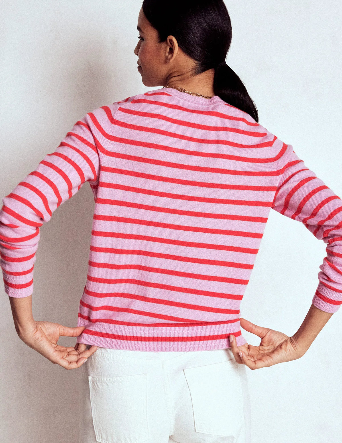 Eva Cashmere Crew Neck Sweater-Pink/ Orange Stripe