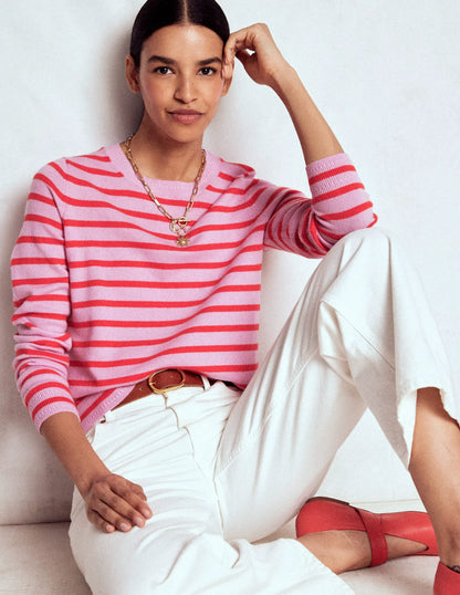 Eva Cashmere Crew Neck Sweater-Pink/ Orange Stripe