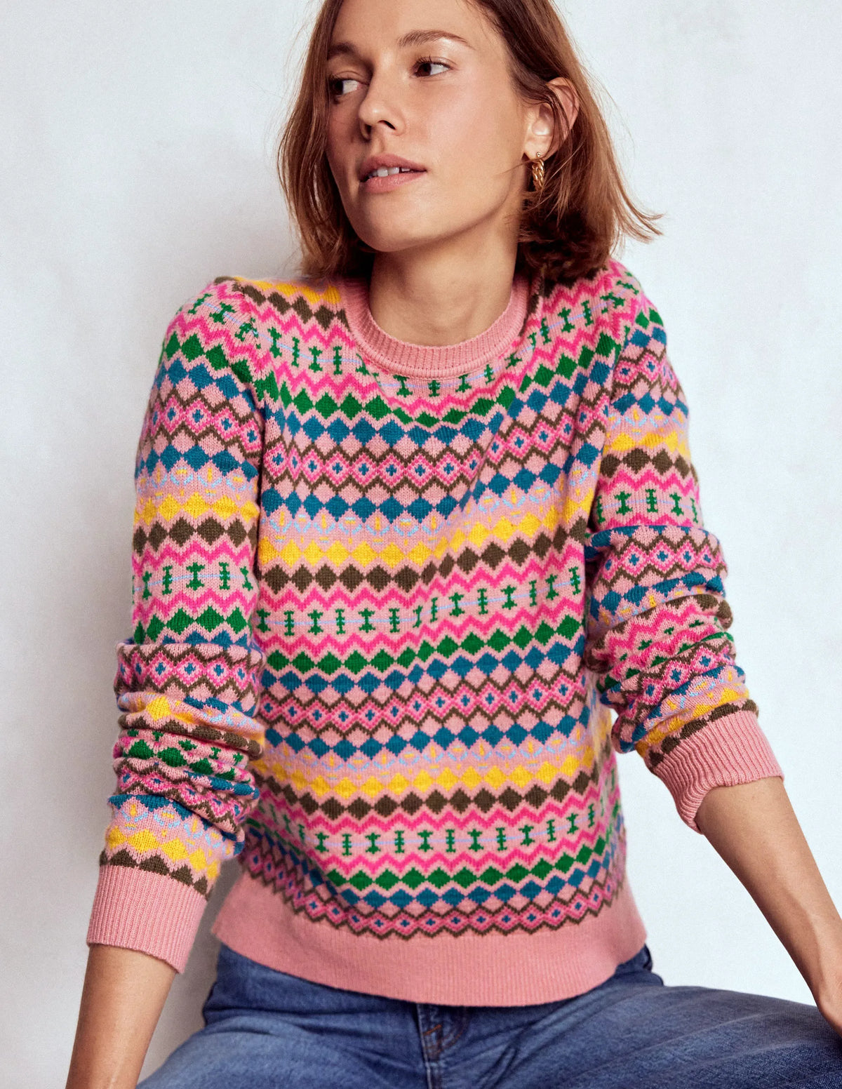 Edie Fair Isle Sweater-Pink, Geo Fair Isle