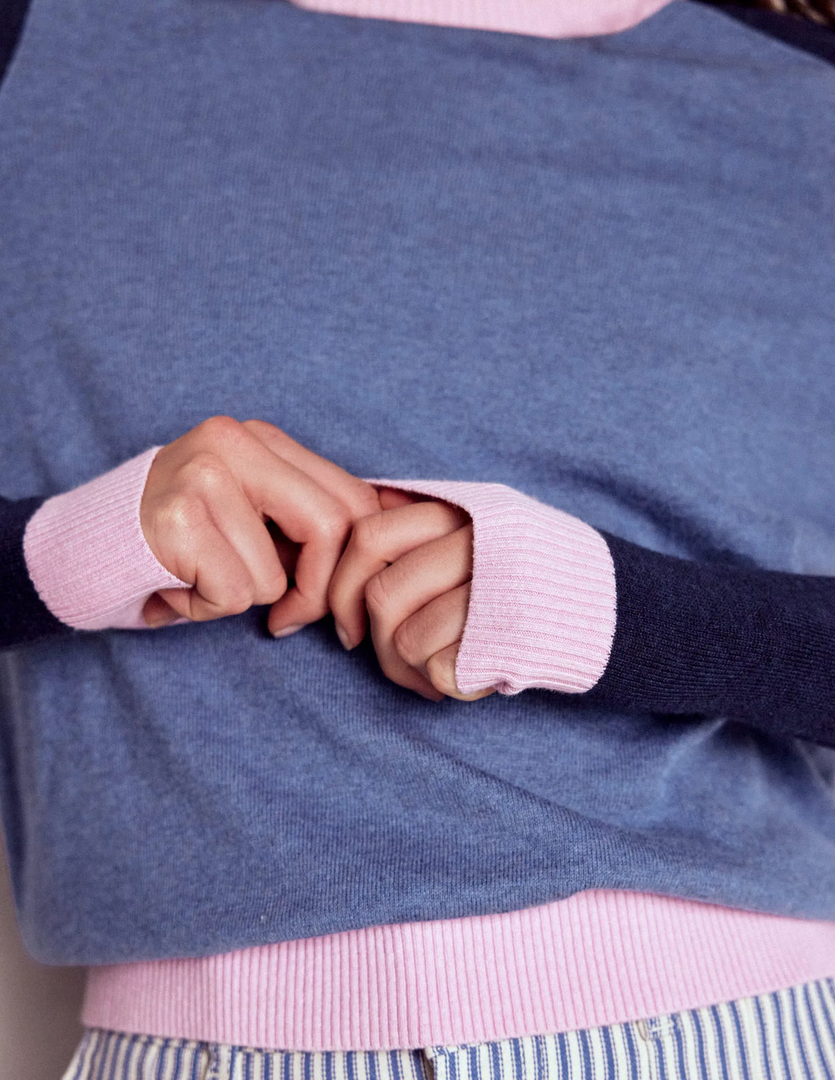 Meg Raglan Sleeve Sweater-Blue, Pink Colour Block