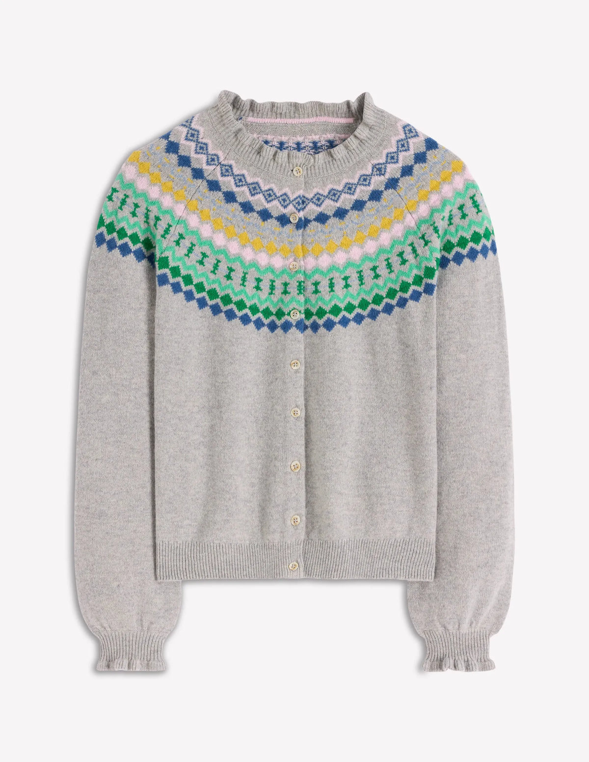 Fae Fair Isle Frilled Cardigan-Grey Melange