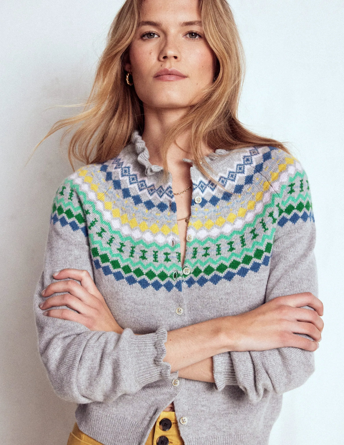 Fae Fair Isle Frilled Cardigan-Grey Melange