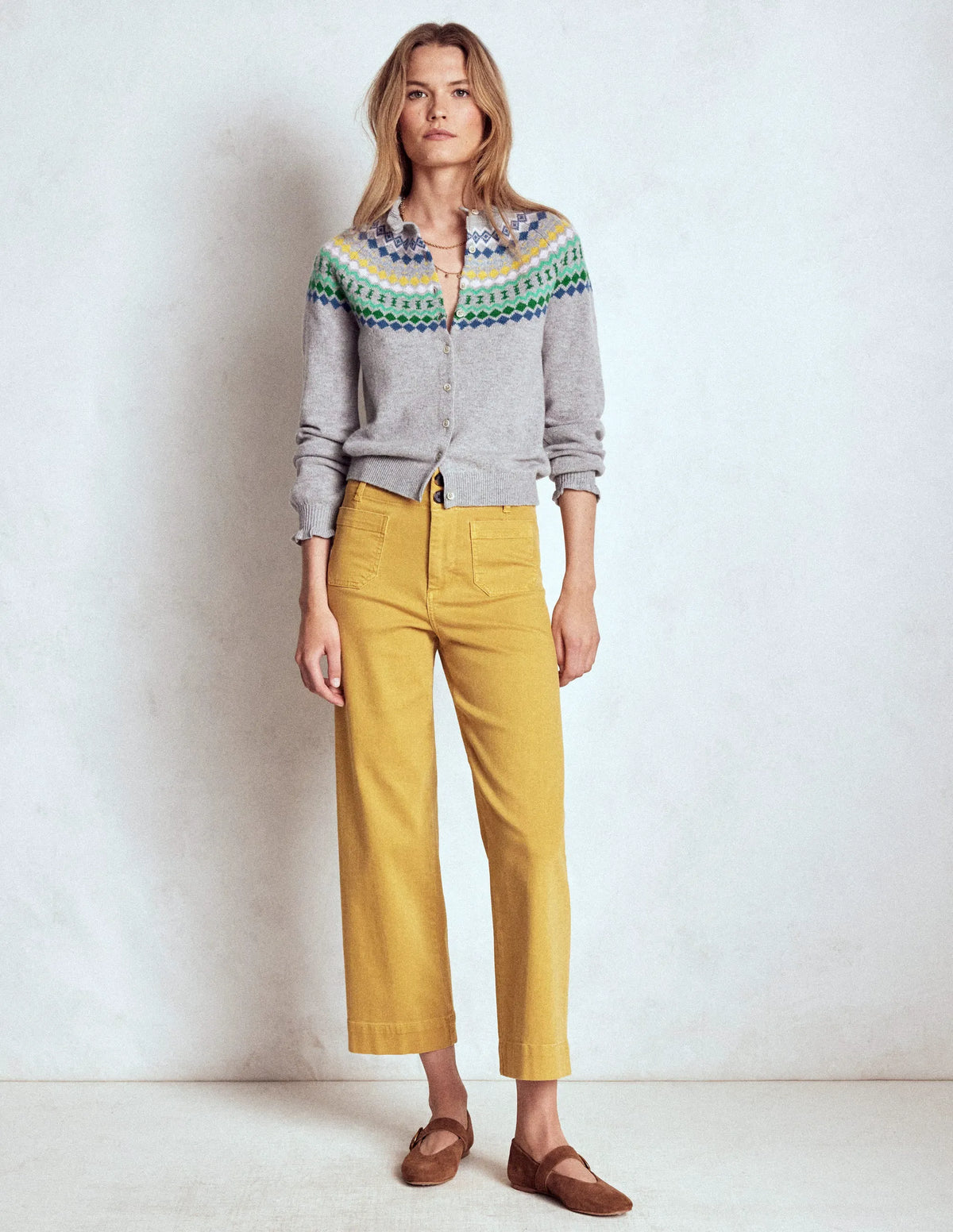 Fae Fair Isle Frilled Cardigan-Grey Melange