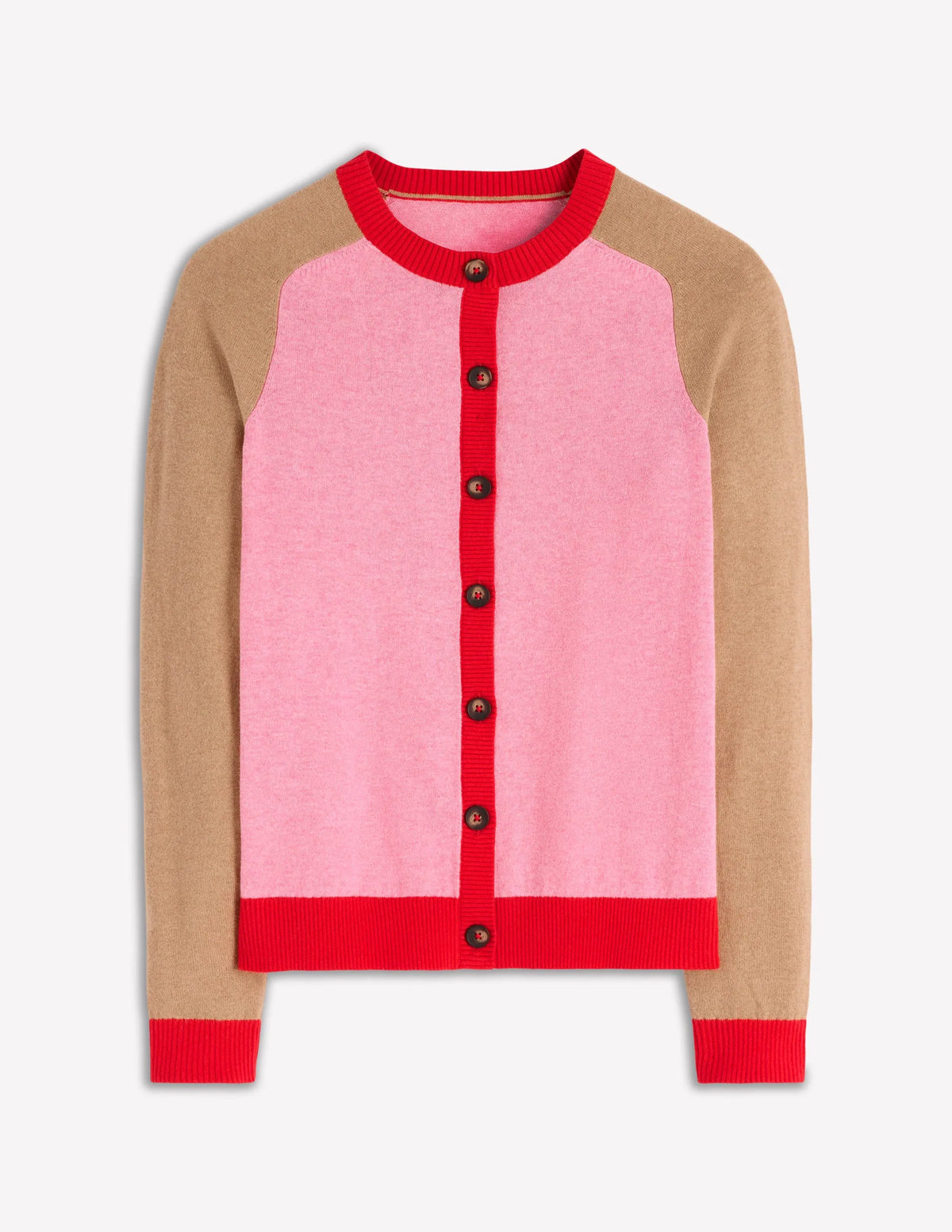 Meg Raglan Sleeve Cardigan-Camel, Pink Colour Block