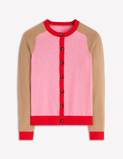 Meg Raglan Sleeve Cardigan-Camel, Pink Colour Block
