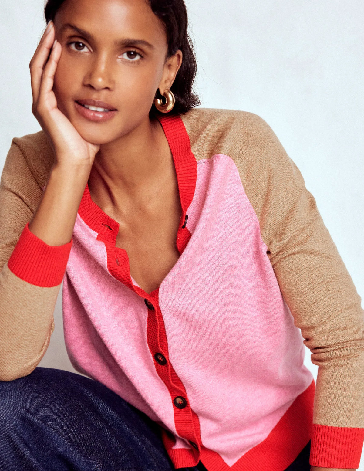 Meg Raglan Sleeve Cardigan-Camel, Pink Colour Block