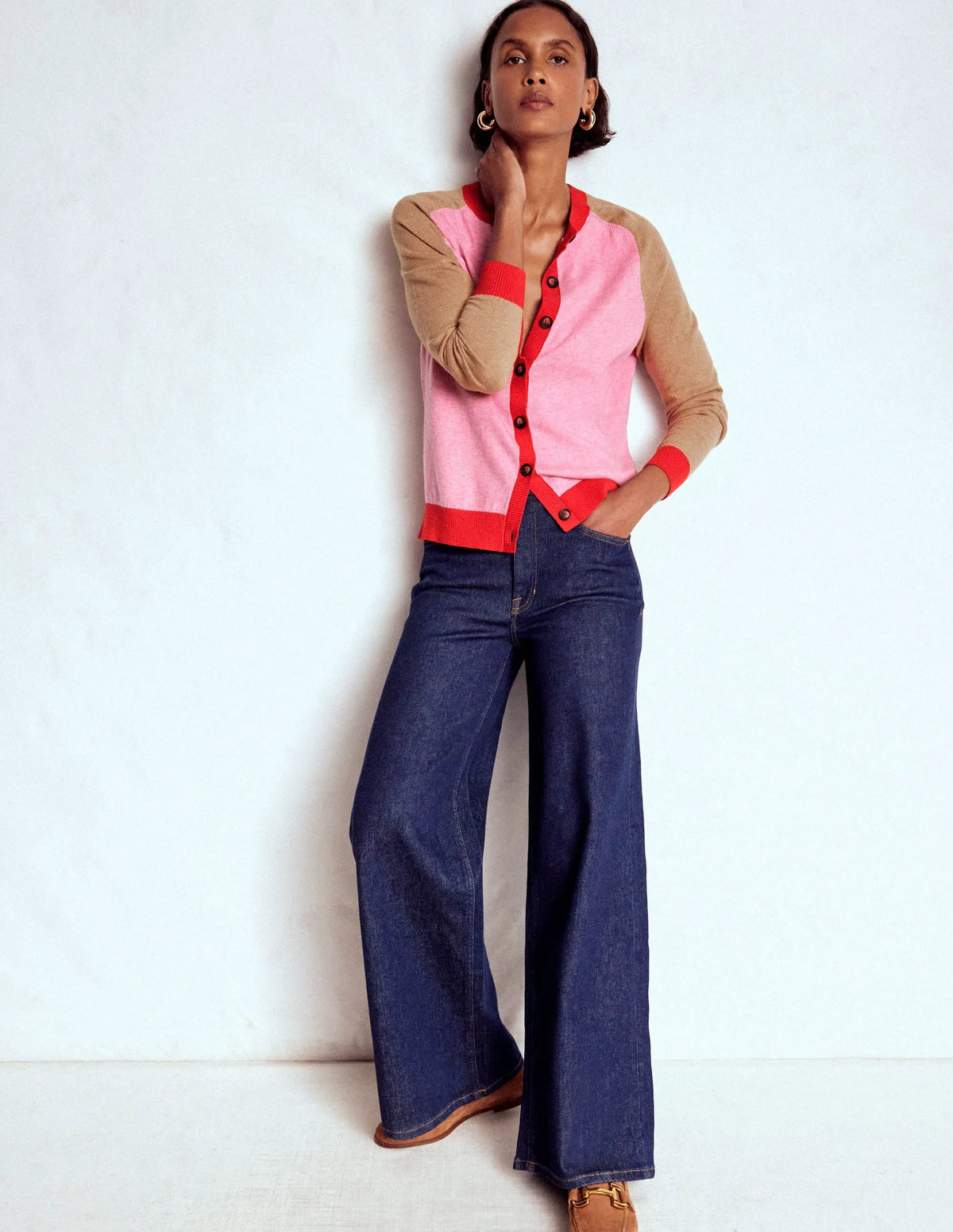 Meg Raglan Sleeve Cardigan-Camel, Pink Colour Block