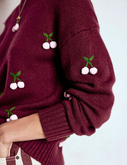 Natalie Embroidered Sweater-Chestnut Melange, Cherry