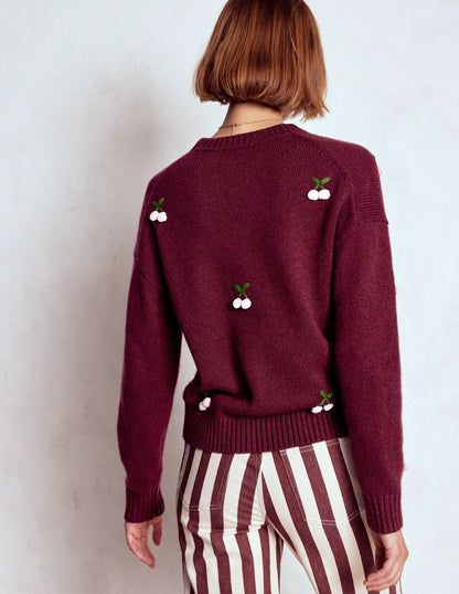 Natalie Embroidered Sweater-Chestnut Melange, Cherry