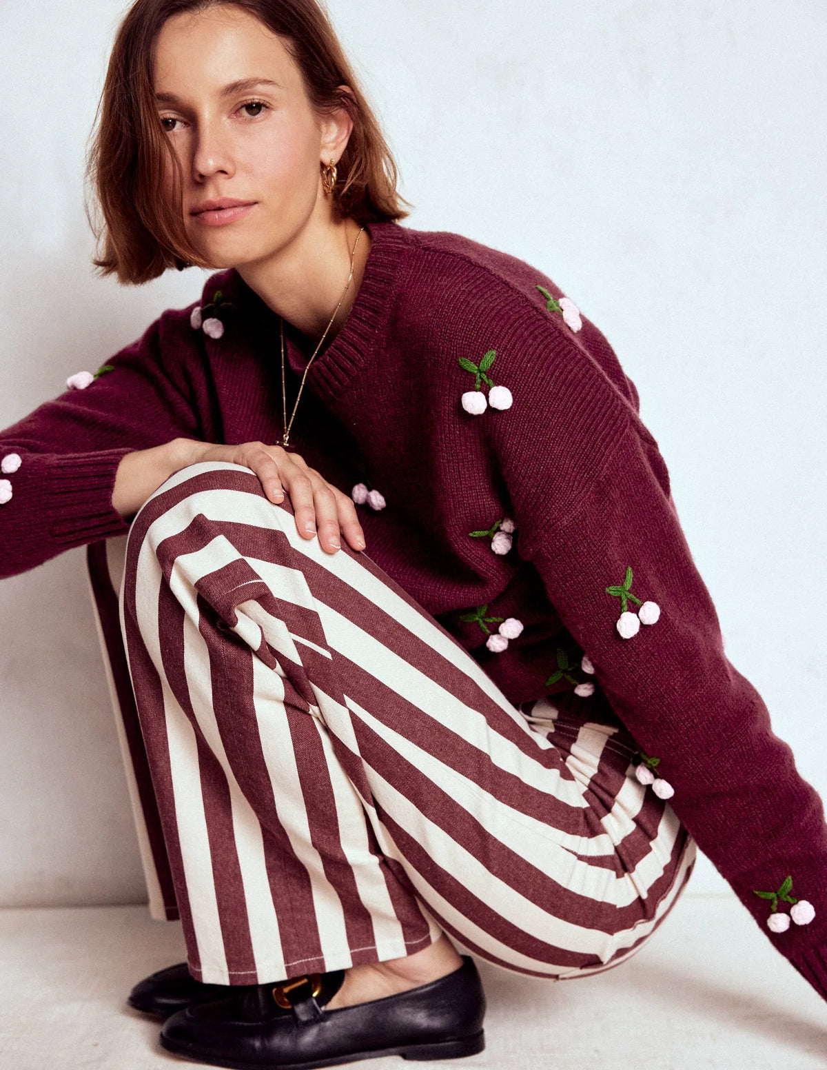Natalie Embroidered Sweater-Chestnut Melange, Cherry
