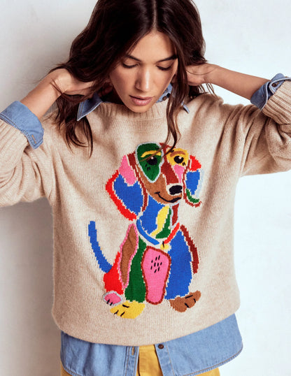 Natalie Embroidered Sweater-Oatmeal Melange, Daschund