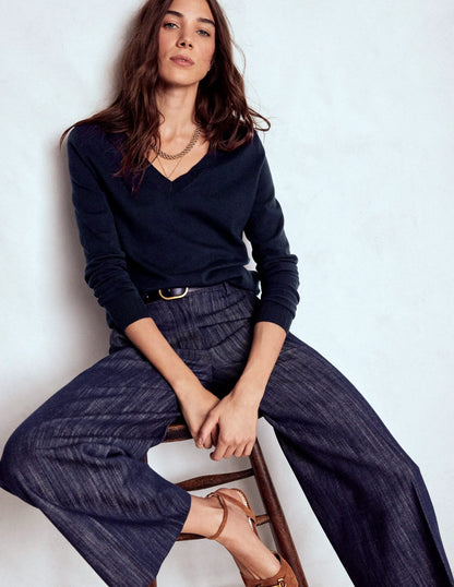 Emilia Cotton V Neck Sweater-Navy