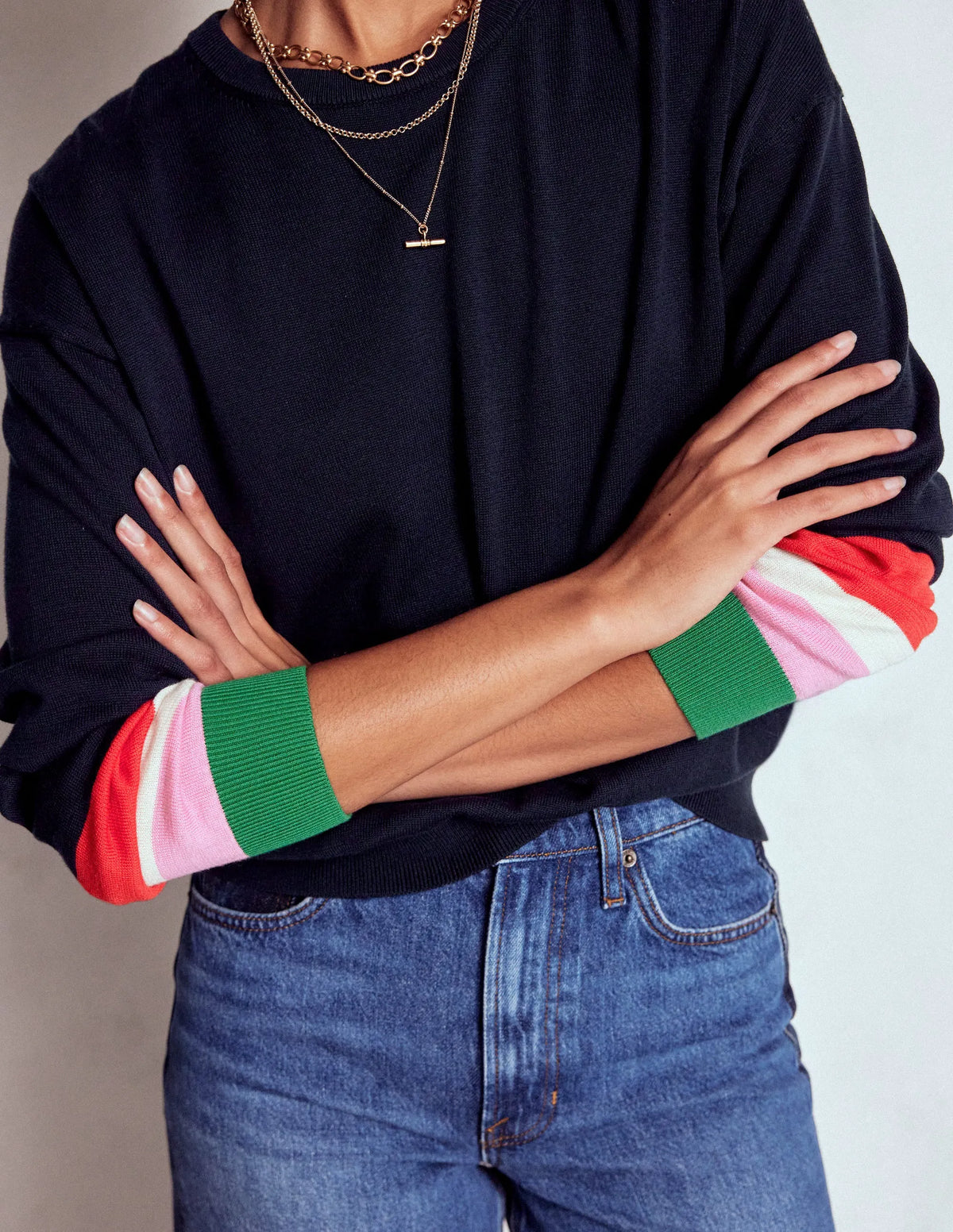 Lara Relaxed Cotton Jumper-Navy Cuff Stripe