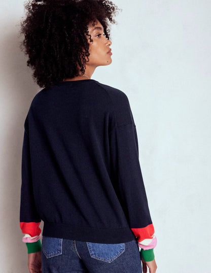 Lara Relaxed Cotton Jumper-Navy Cuff Stripe