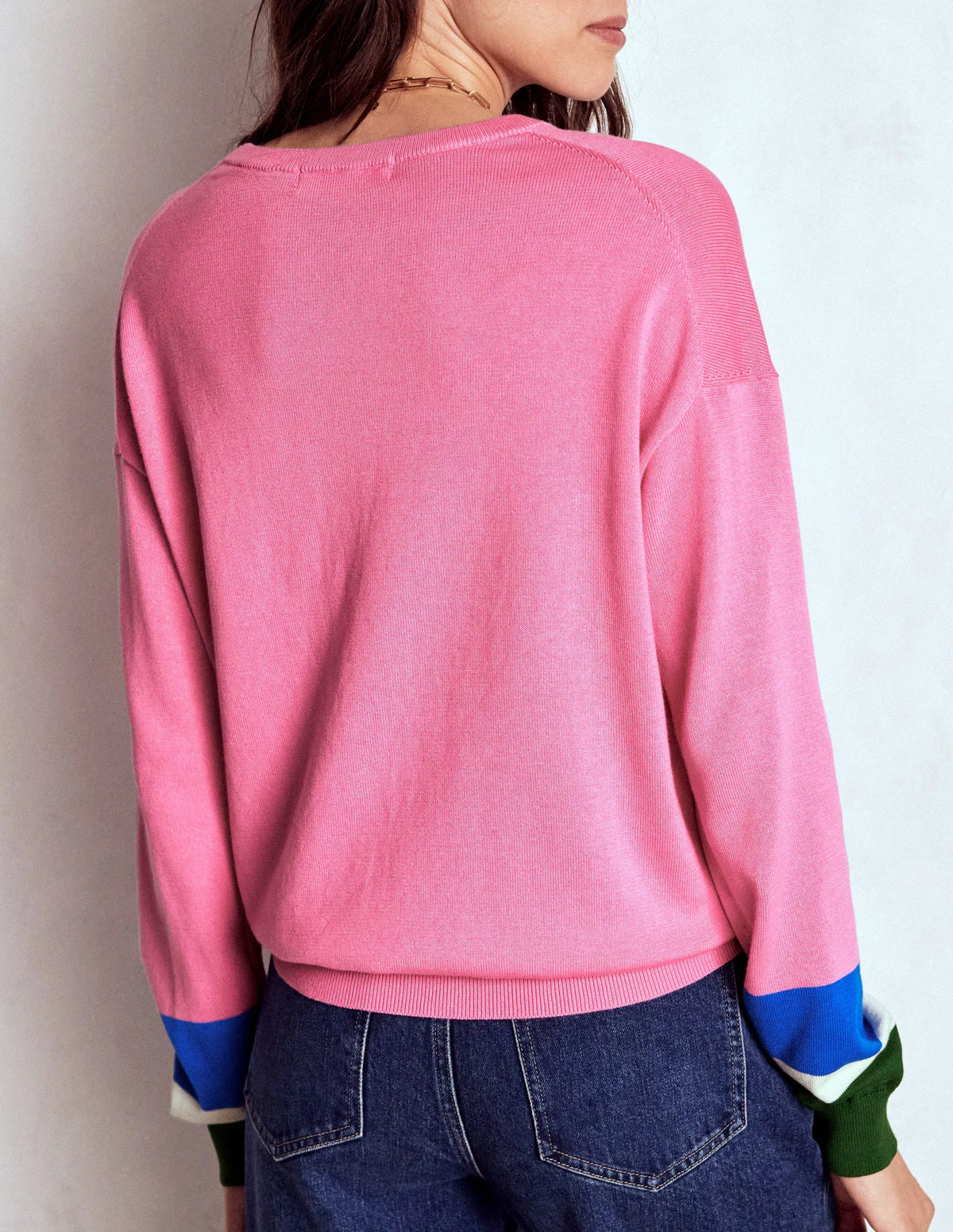 Lara Relaxed Cotton Jumper-Pink Lemonade, Cuff Stripe