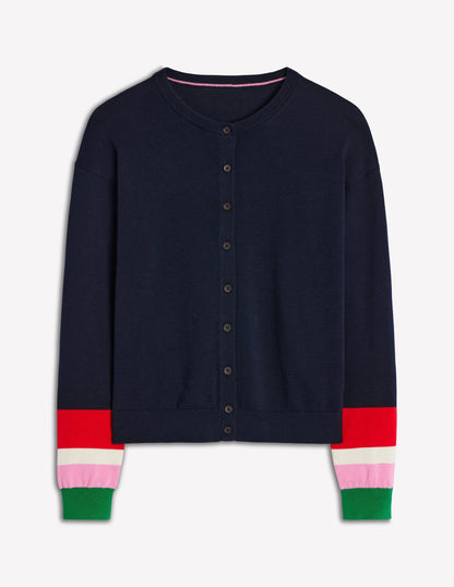Lara Relaxed Cotton Cardigan-Navy, Cuff Stripe