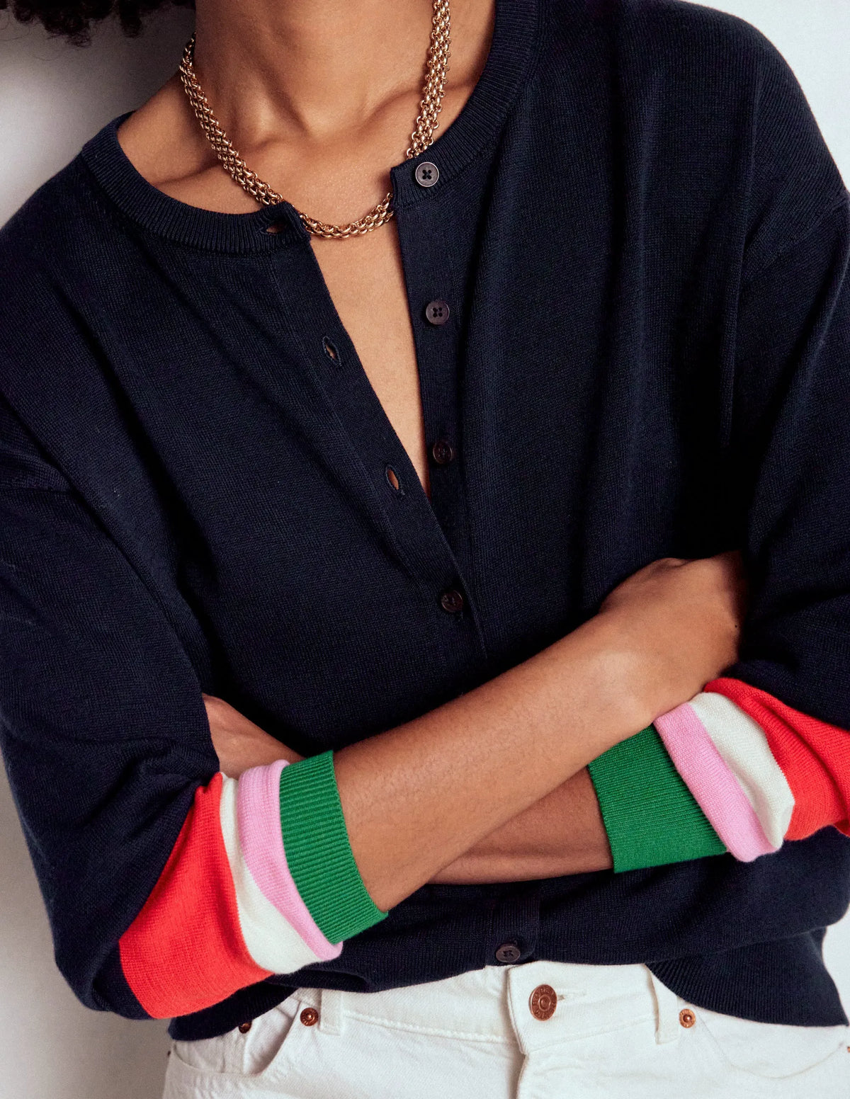 Lara Relaxed Cotton Cardigan-Navy, Cuff Stripe