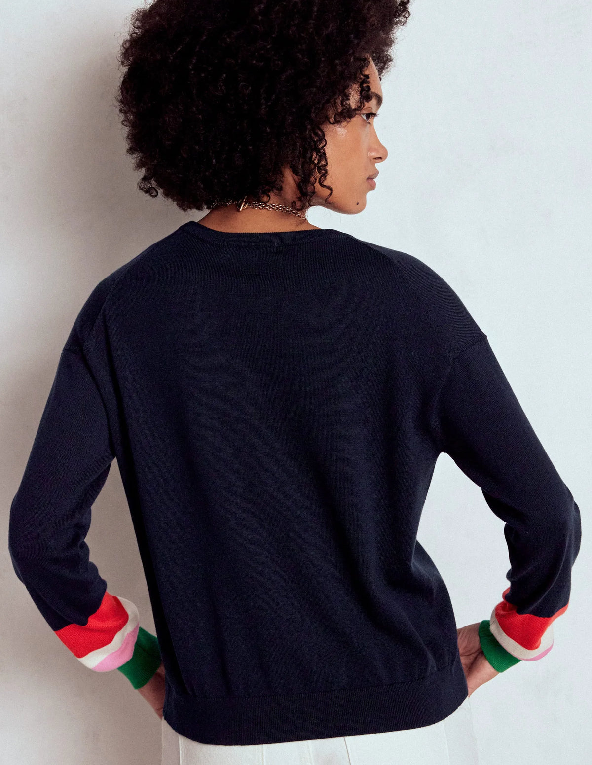 Lara Relaxed Cotton Cardigan-Navy, Cuff Stripe