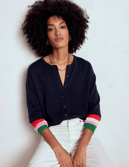 Lara Relaxed Cotton Cardigan-Navy, Cuff Stripe