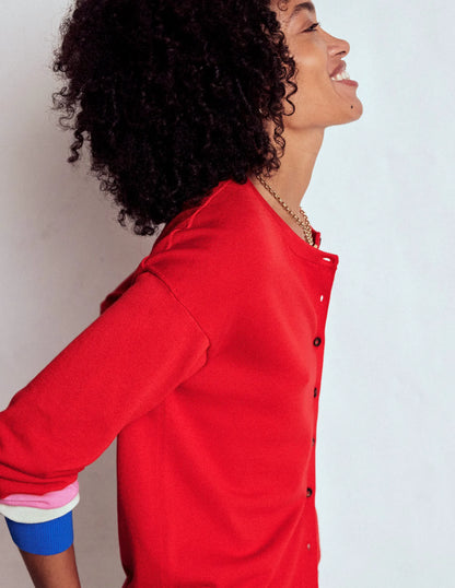 Lara Relaxed Cotton Cardigan-Poppy Red, Cuff Stripe