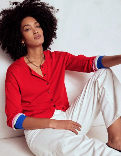 Lara Relaxed Cotton Cardigan-Poppy Red, Cuff Stripe